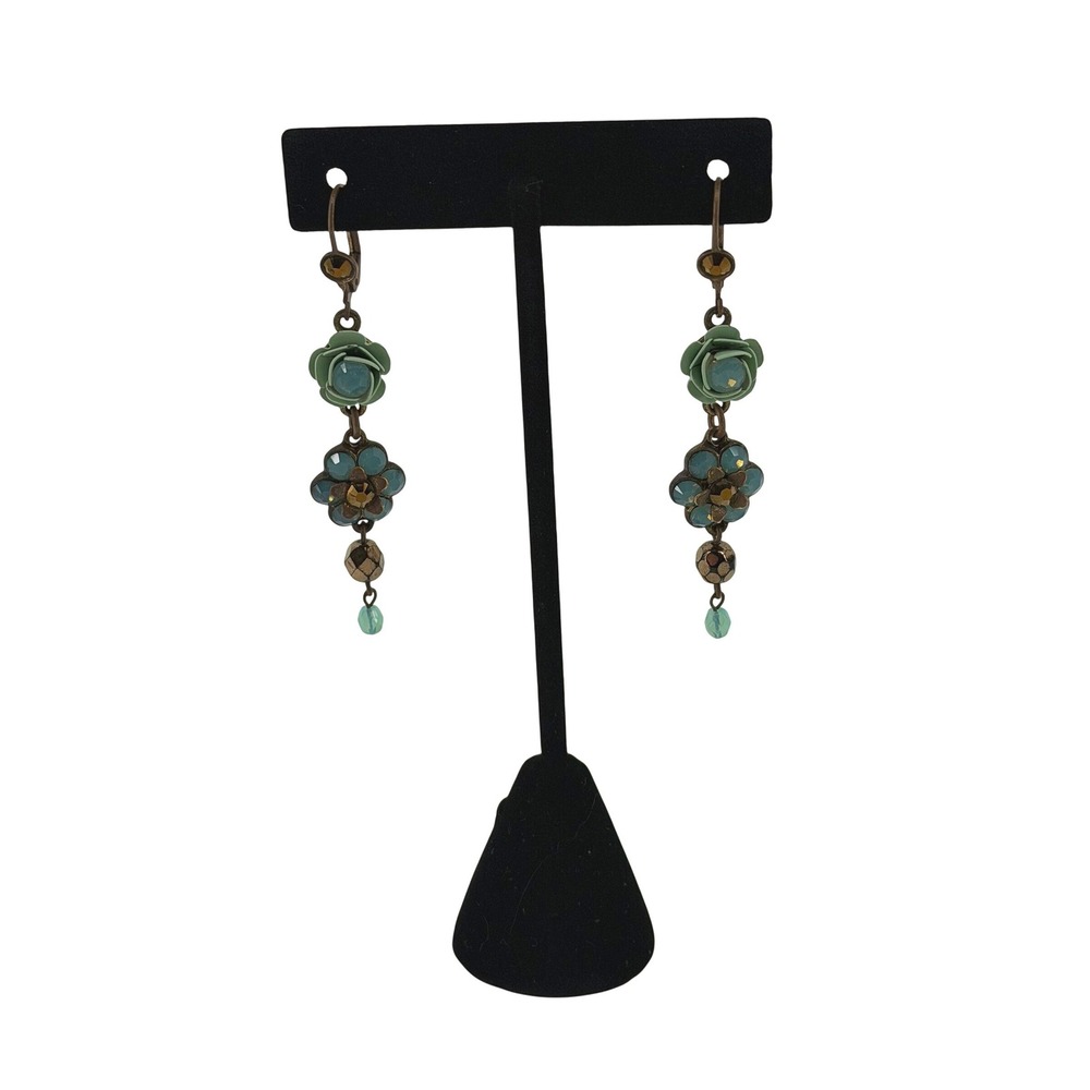 Michal Negrin Rose‎ Floral Drop Earrings Green Blue Crystal Brass Leverback